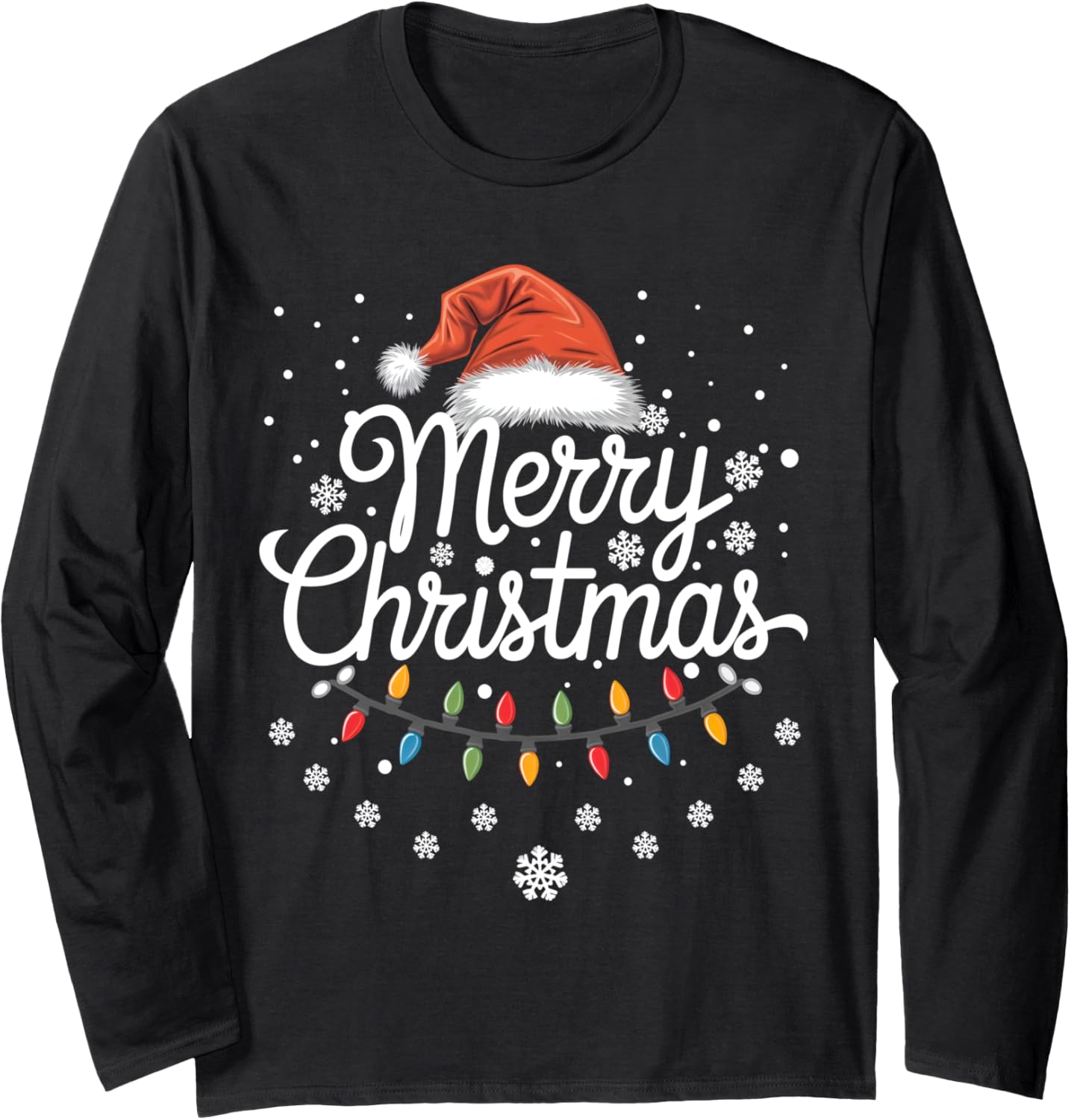 Merry Christmas Lights Red Santa Hat Xmas Family Men Women Long Sleeve
