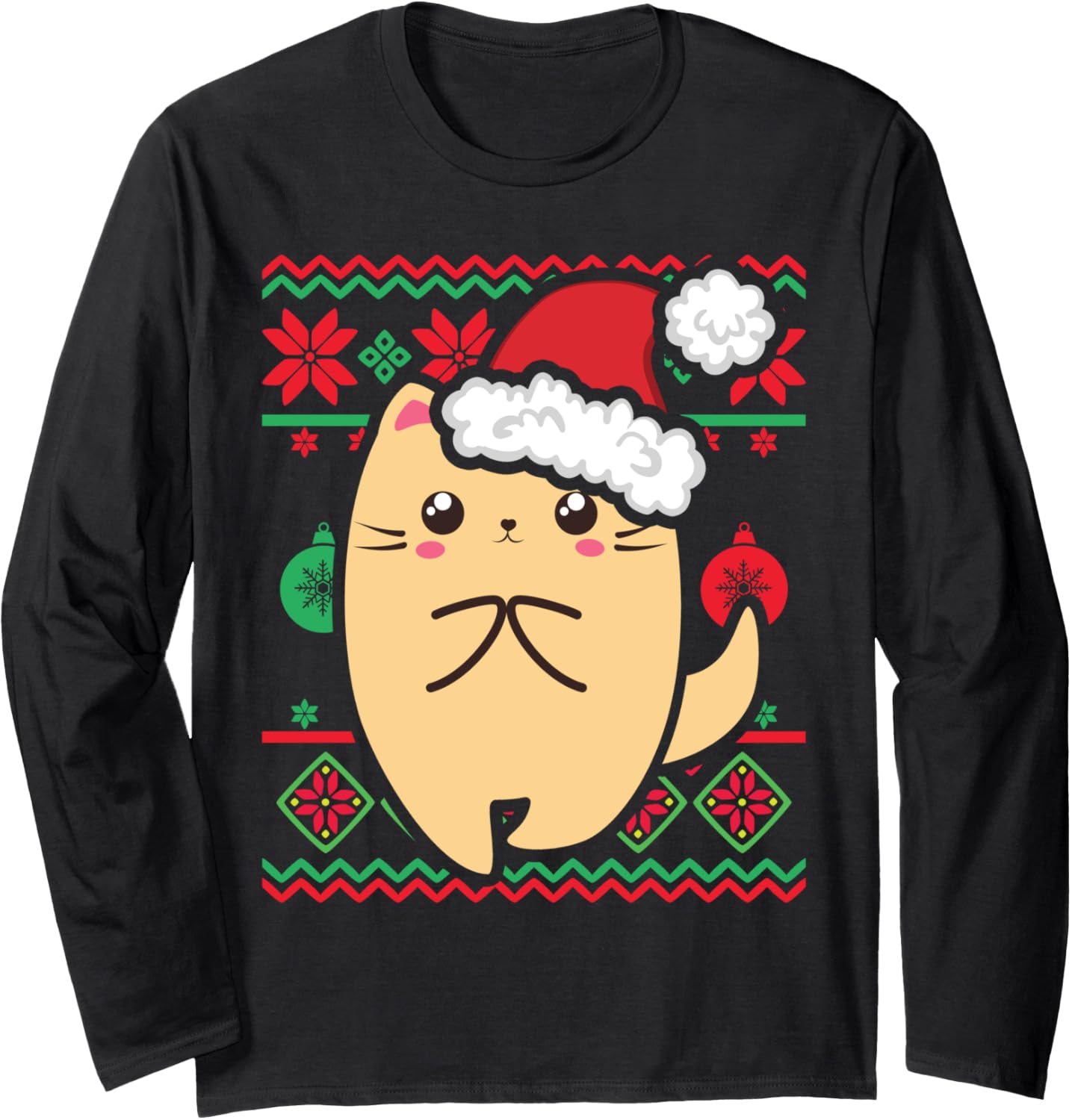 Ugly Christmas Sweater Cute Kawaii Anime Chibi Shy Kitty Long Sleeve