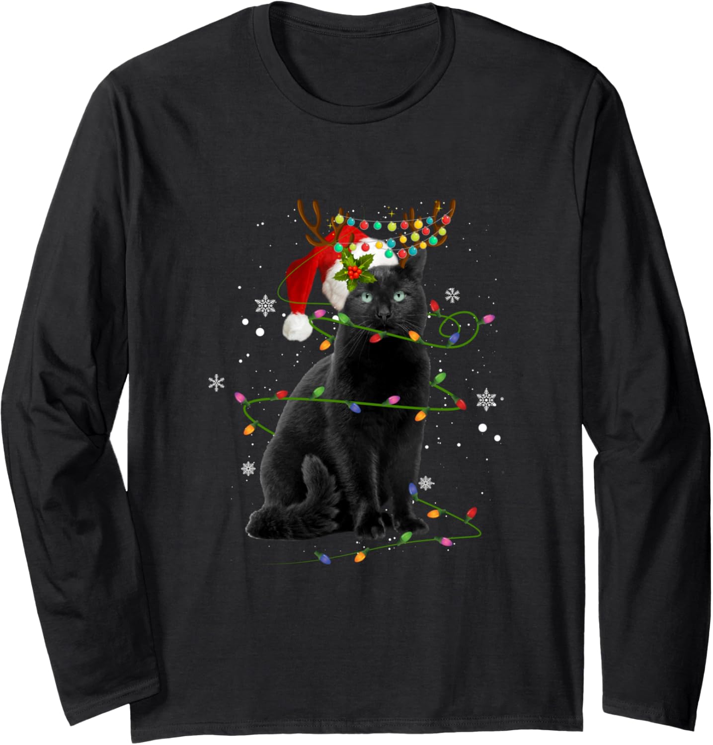 Cat Christmas Lights, Funny Black Cats, Xmas Long Sleeve