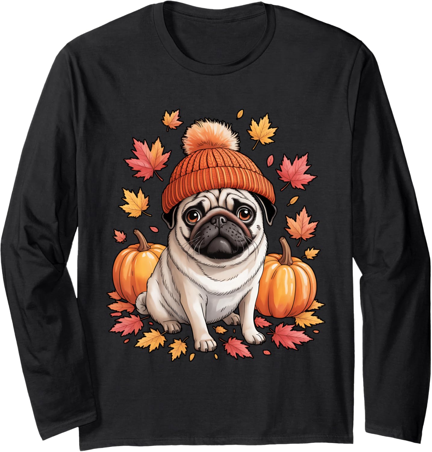 Funny Pug Fall Scarf Autumn Leaves Dog Lovers Long Sleeve