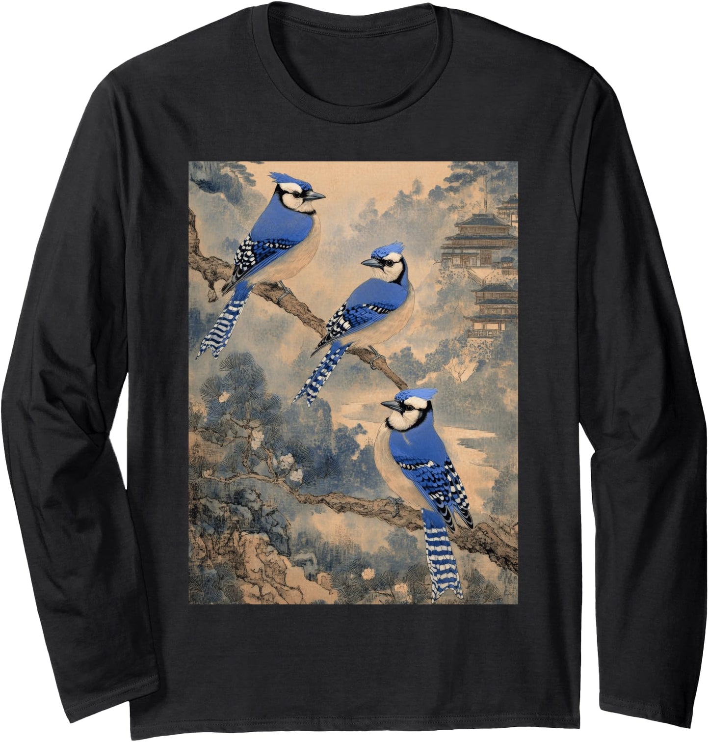 Birdwatching Blue Jay Birds Trees Japanese Woodblock Art Long Sleeve