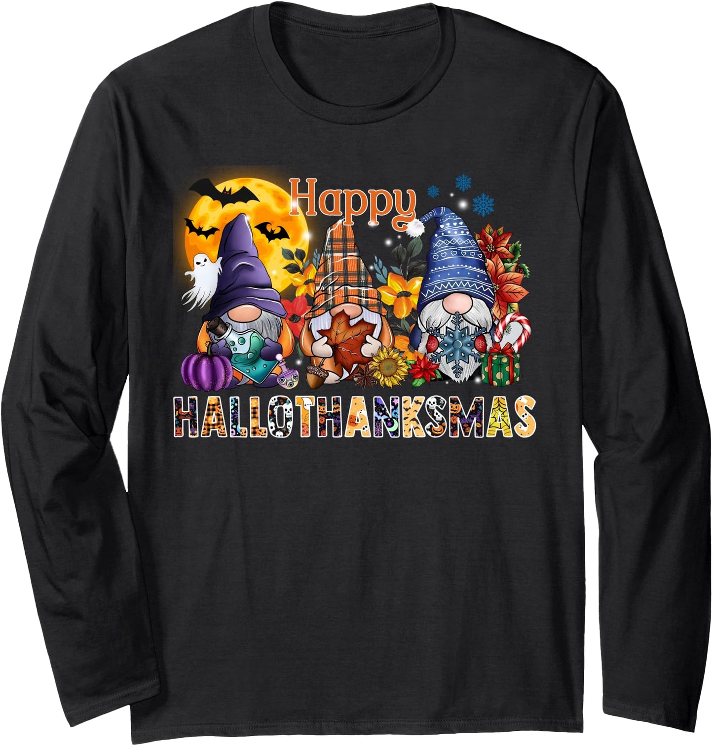 Happy Hallothanksmas Gnomes Lover Halloween Merry Christmas Long Sleeve