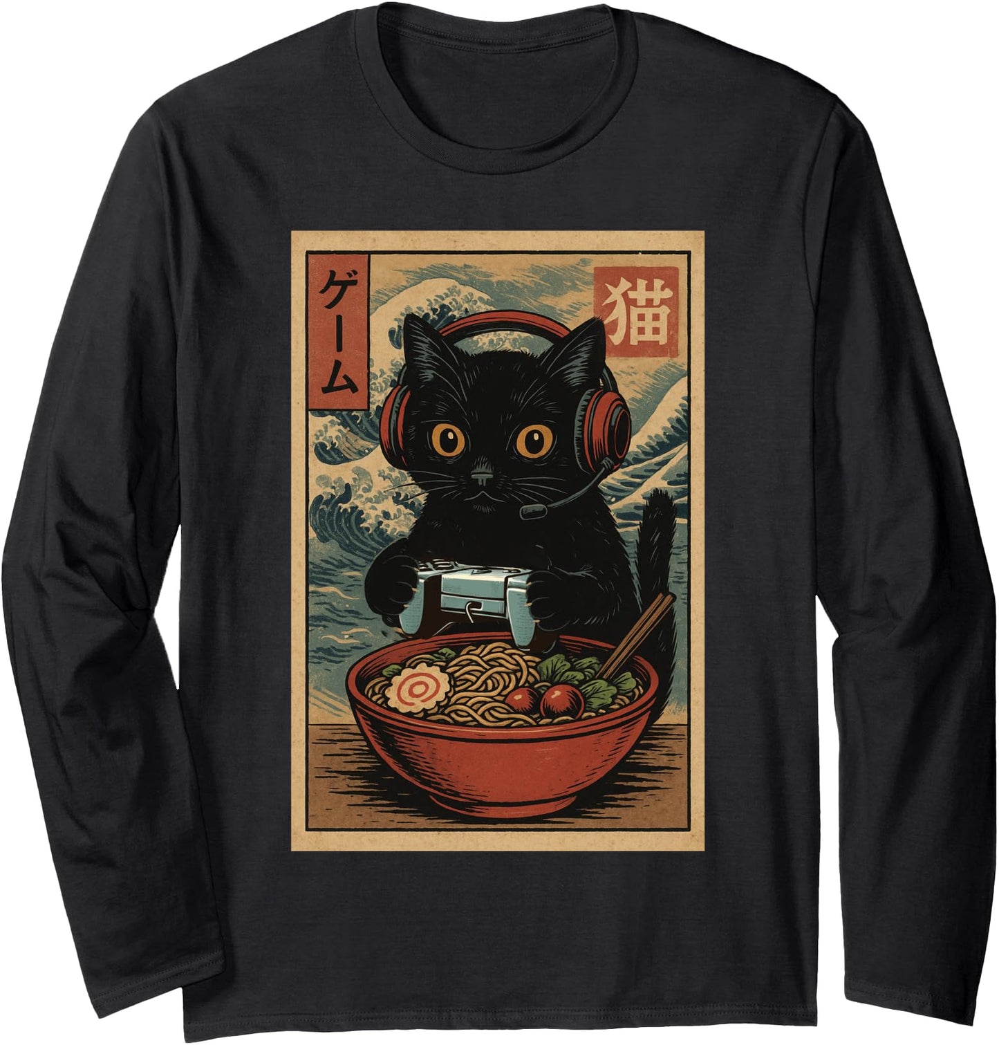 Cute Kawaii Gamer Cat Funny Ramen Retro Japanese Cat Gaming Long Sleeve