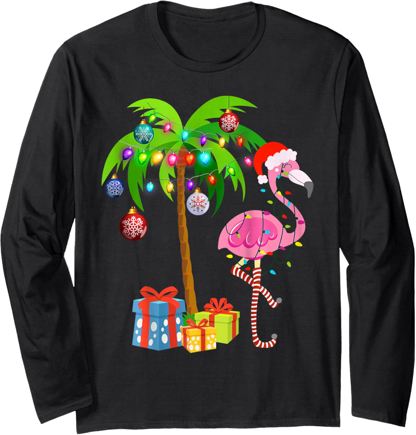 Pink Flamingo Christmas Palm Tree Tropical Xmas Holiday Long Sleeve