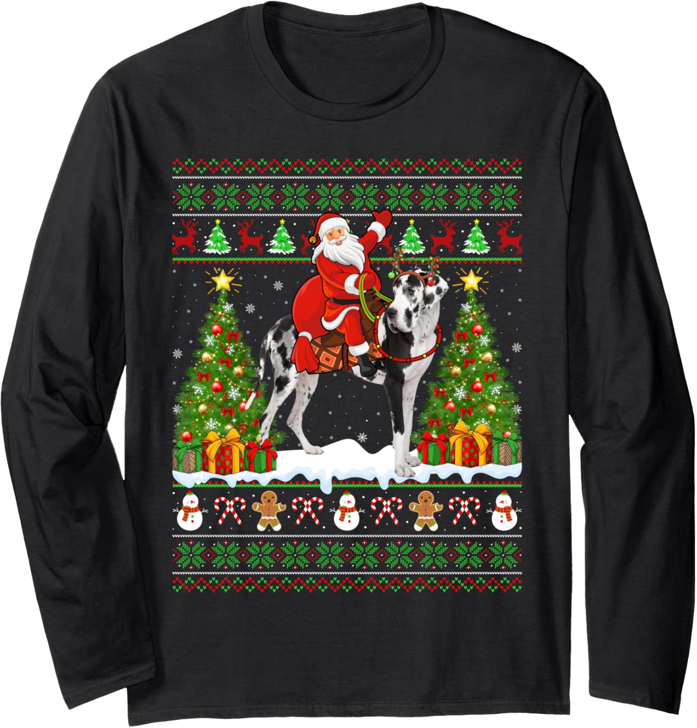 Xmas Sweater Ugly Santa Riding Great Dane Dog Christmas Long Sleeve