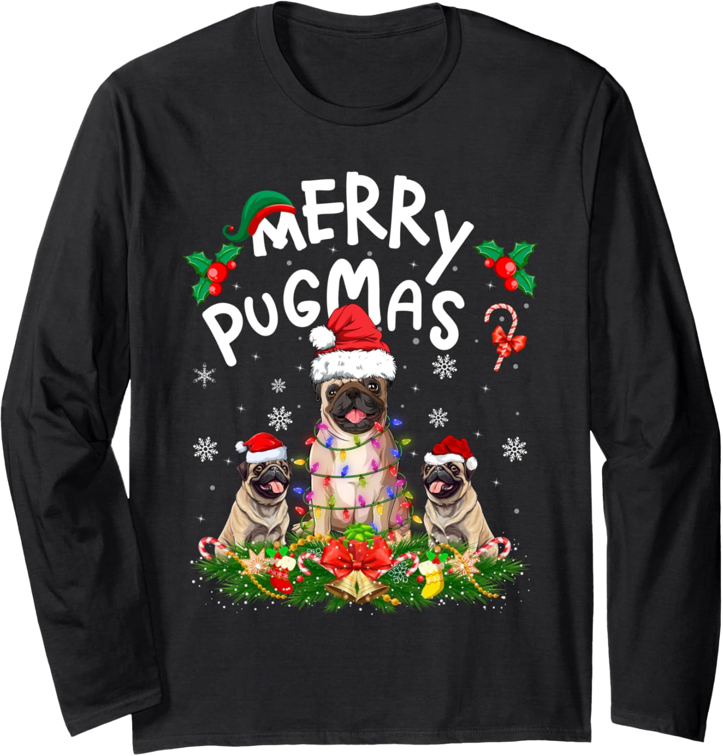 Merry Pugmas Xmas Lighting Santa Pug Dog Christmas Long Sleeve