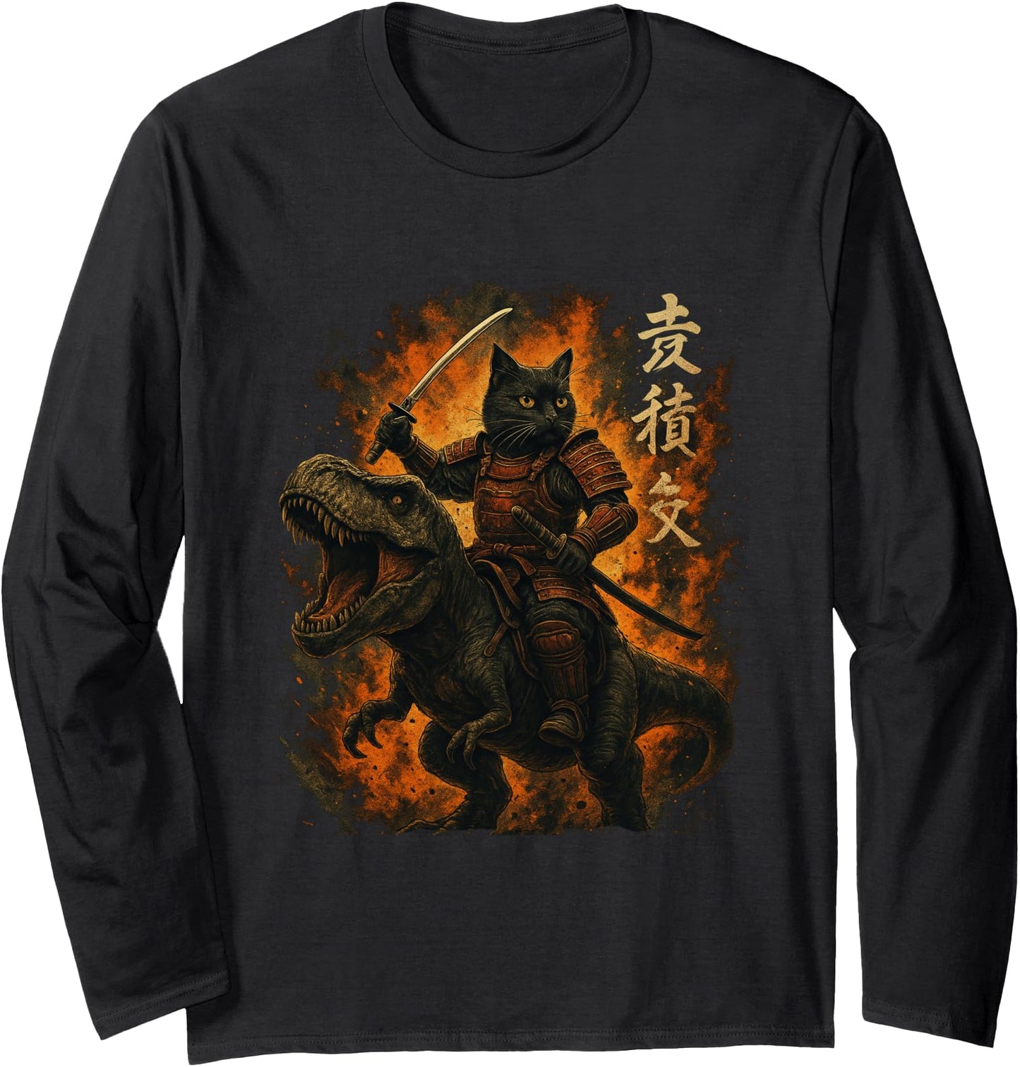 Samurai Cat Riding Dinosaur Japanese Black Cat Kanji Long Sleeve