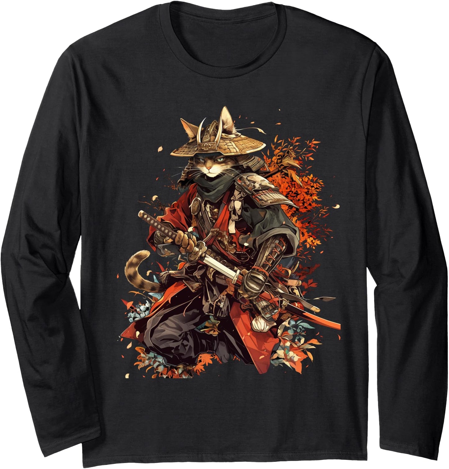 Japanese Art Cat Ninja Ukiyo-e Anime Style Samurai Cat Long Sleeve