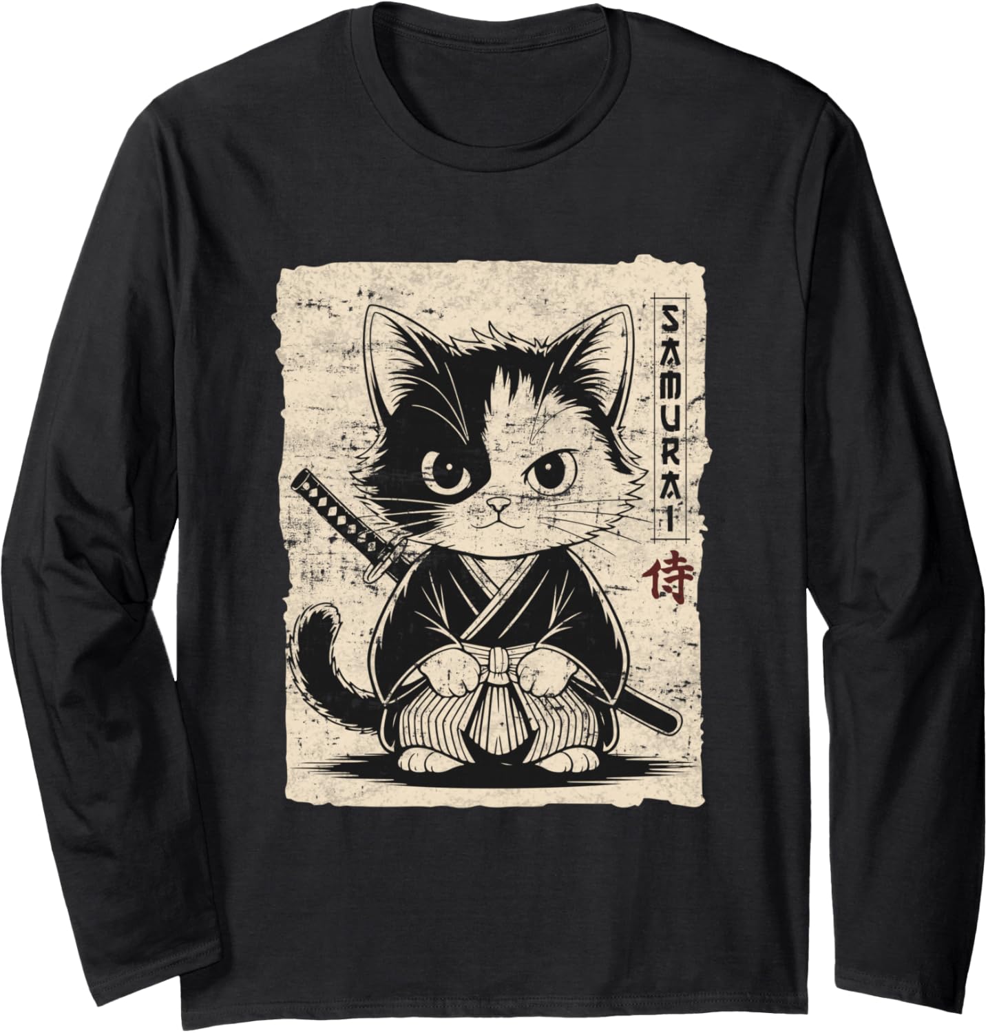 Vintage Kawaii Samurai Ninja Cat Japanese Anime Aesthetic Long Sleeve