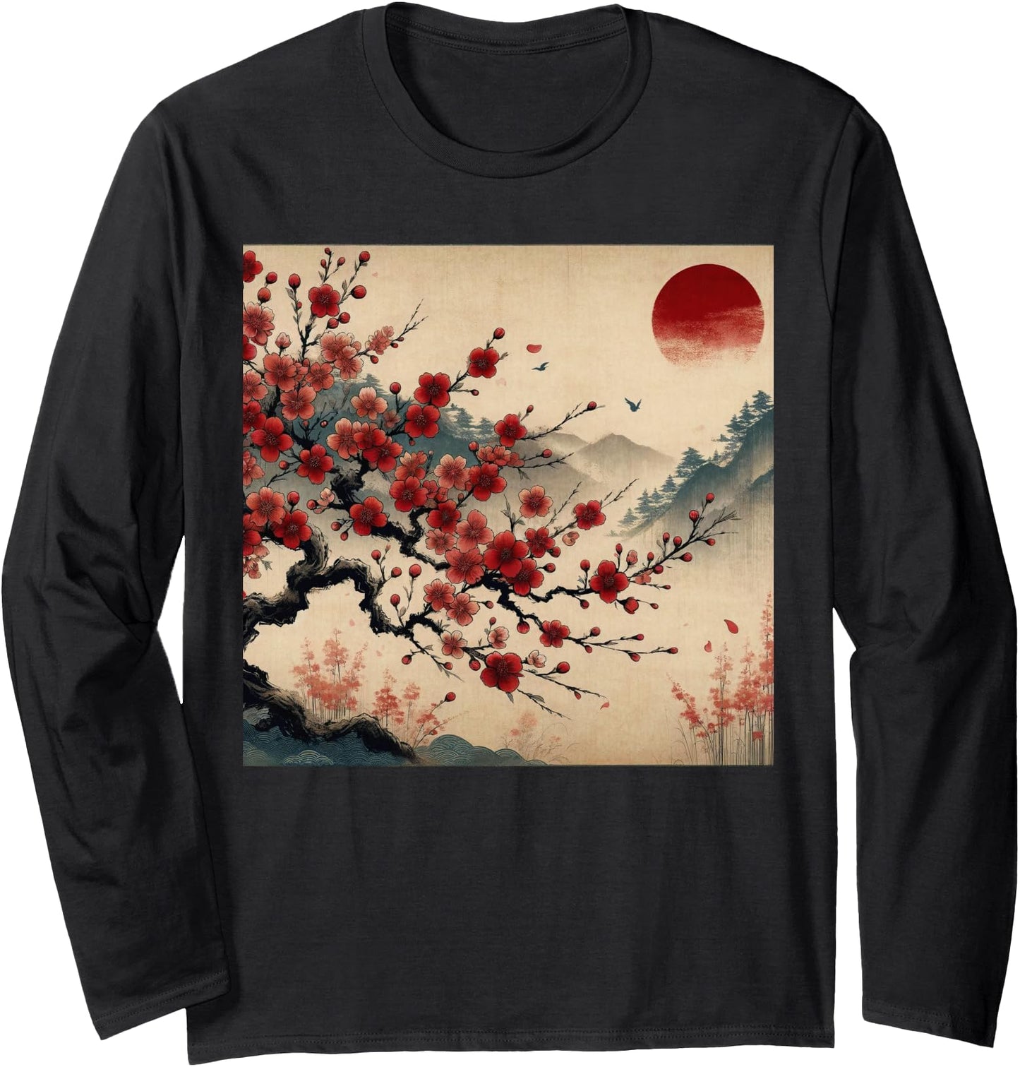Vintage Cherry Blossom Woodblock Tee Japanese Graphical Art Long Sleeve