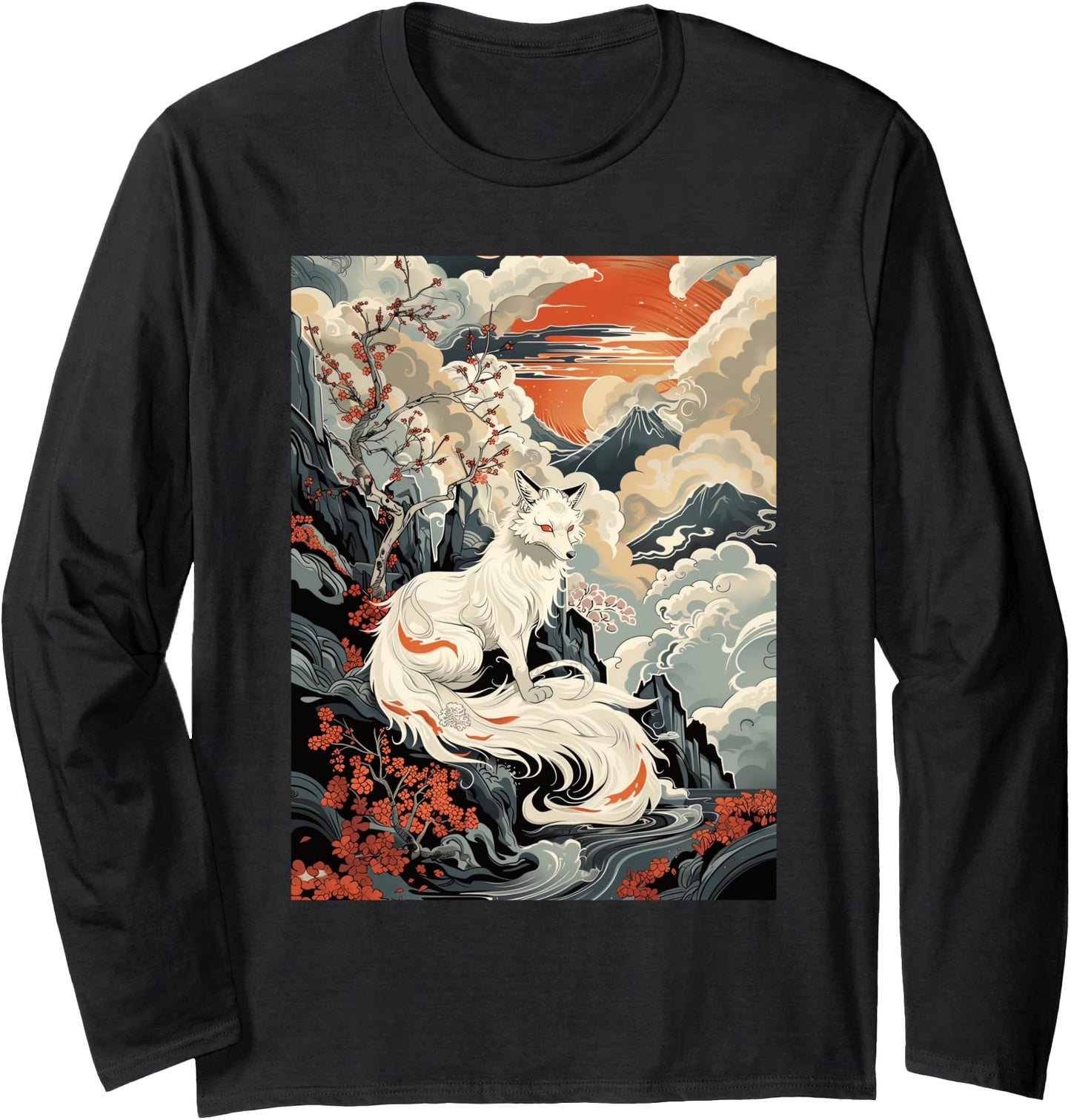 Vintage Japanese Woodblock Art Of Nine Tails Fox Kitsune Art Long Sleeve