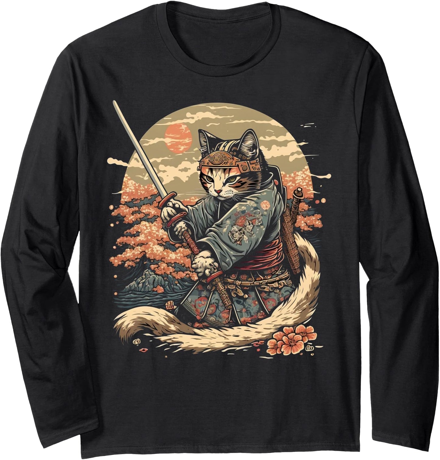 Japanese Art Cat Ninja Ukiyo-e Anime Style Samurai Cat Long Sleeve