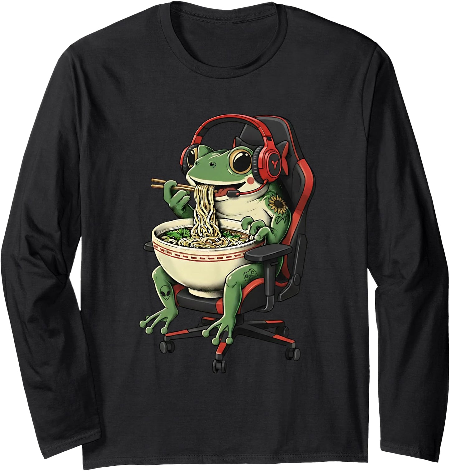 Frog Eating Ramen Kawaii Japanese Noodles Anime Gamer Long Sleeve