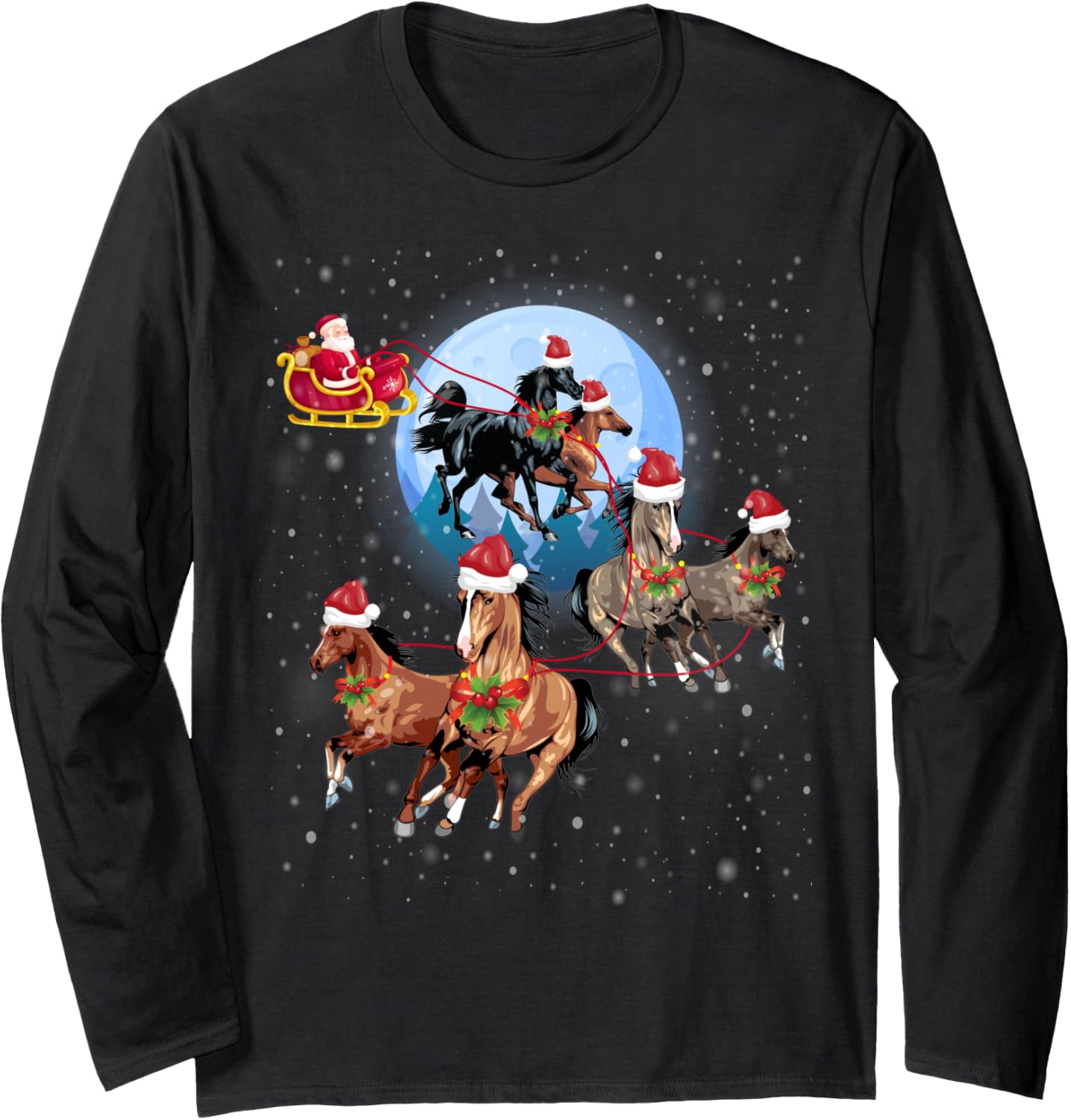Horse Drawn Sleigh Riding Santa Claus Xmas Horses Funny Long Sleeve