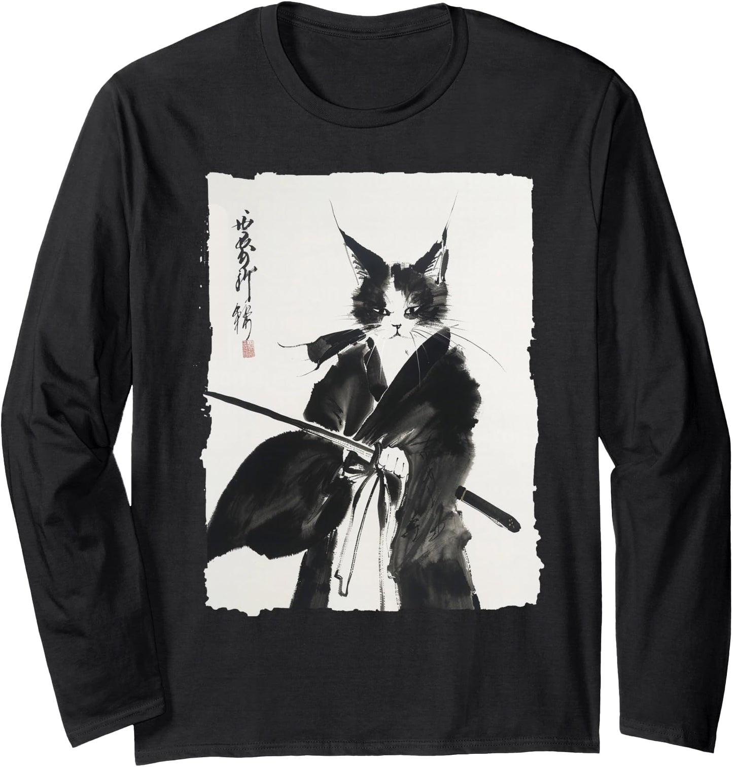 Samurai Cat Warrior Ink - Japanese Art Feline Katana Long Sleeve