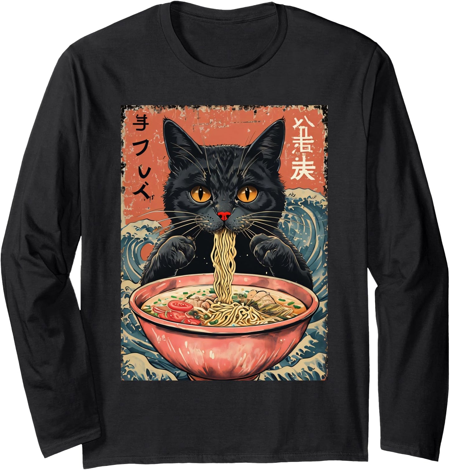 Cat Ramen Japanese Funny Graphic Tees Kawaii Cat Anime Gifts Long Sleeve