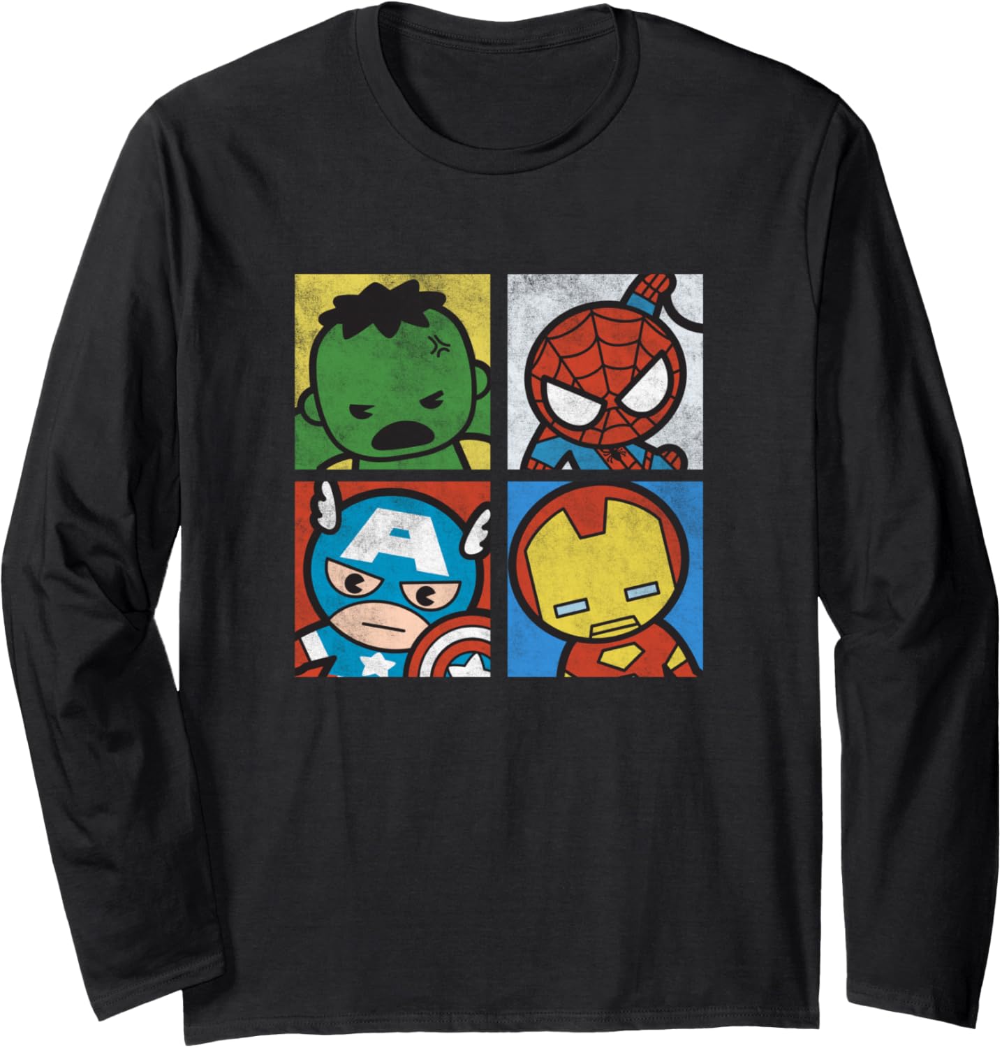 Marvel Kawaii Chibi Avengers Face Panels Distressed Long Sleeve
