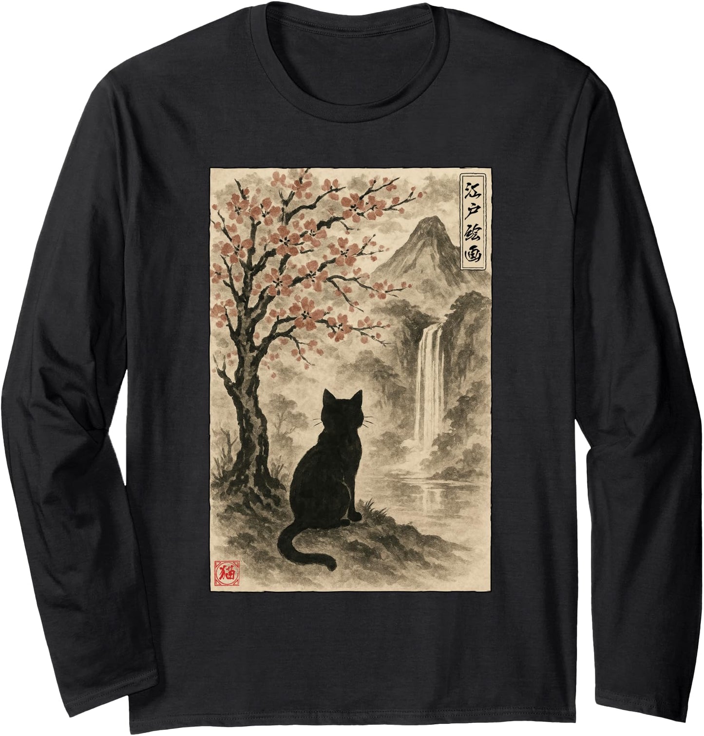 Edo Painting Sakura Japanese Landscape Cat Ukiyo-e Long Sleeve