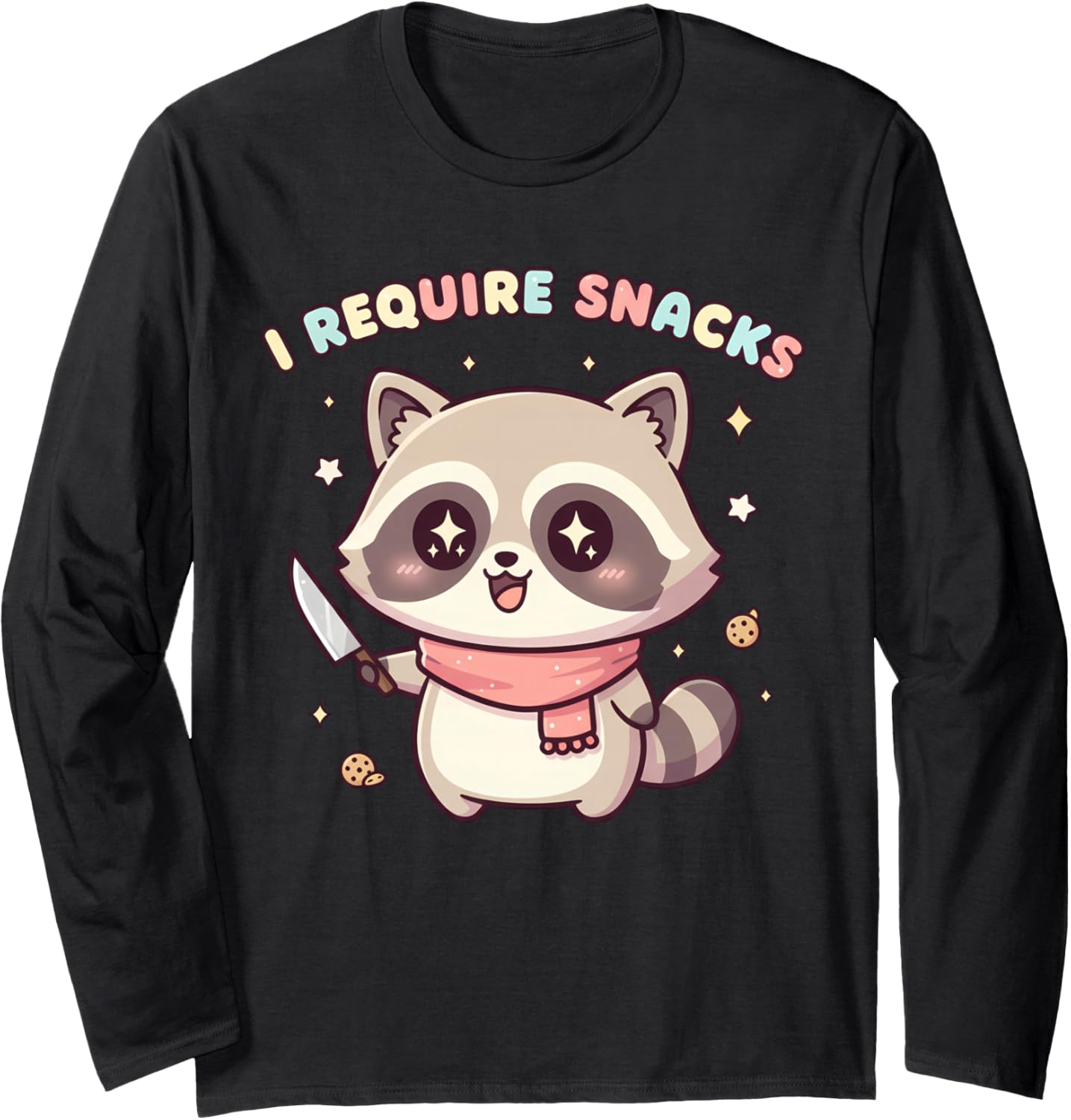 I Require Snacks Cute Kawaii Raccoon Groovy Chibi Long Sleeve