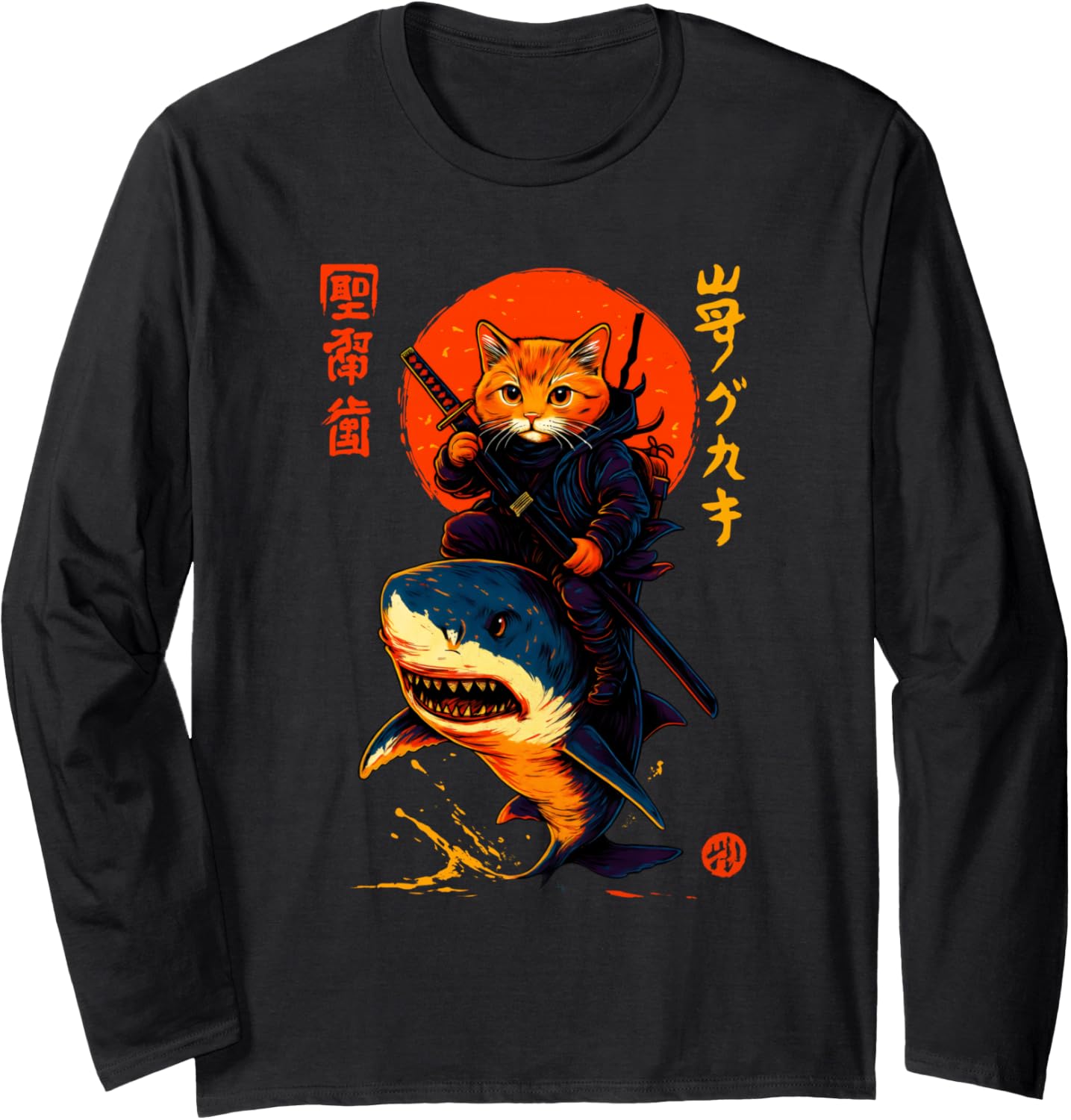 Samurai Cat Riding Shark Japanese Anime Ninja Kitten Warrior Long Sleeve