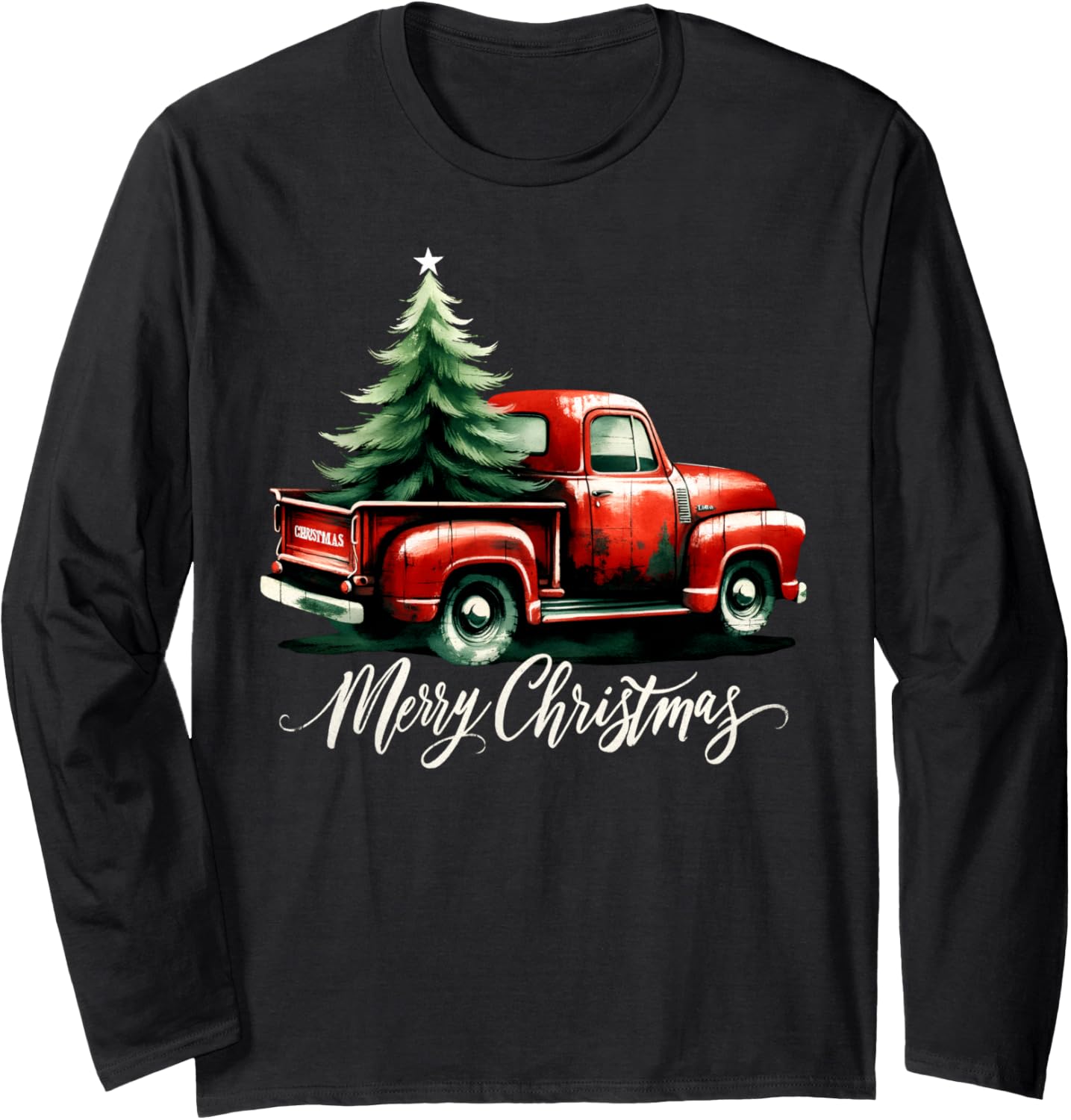Merry Christmas Tree on Red Truck Wagon Xmas Vacation Long Sleeve