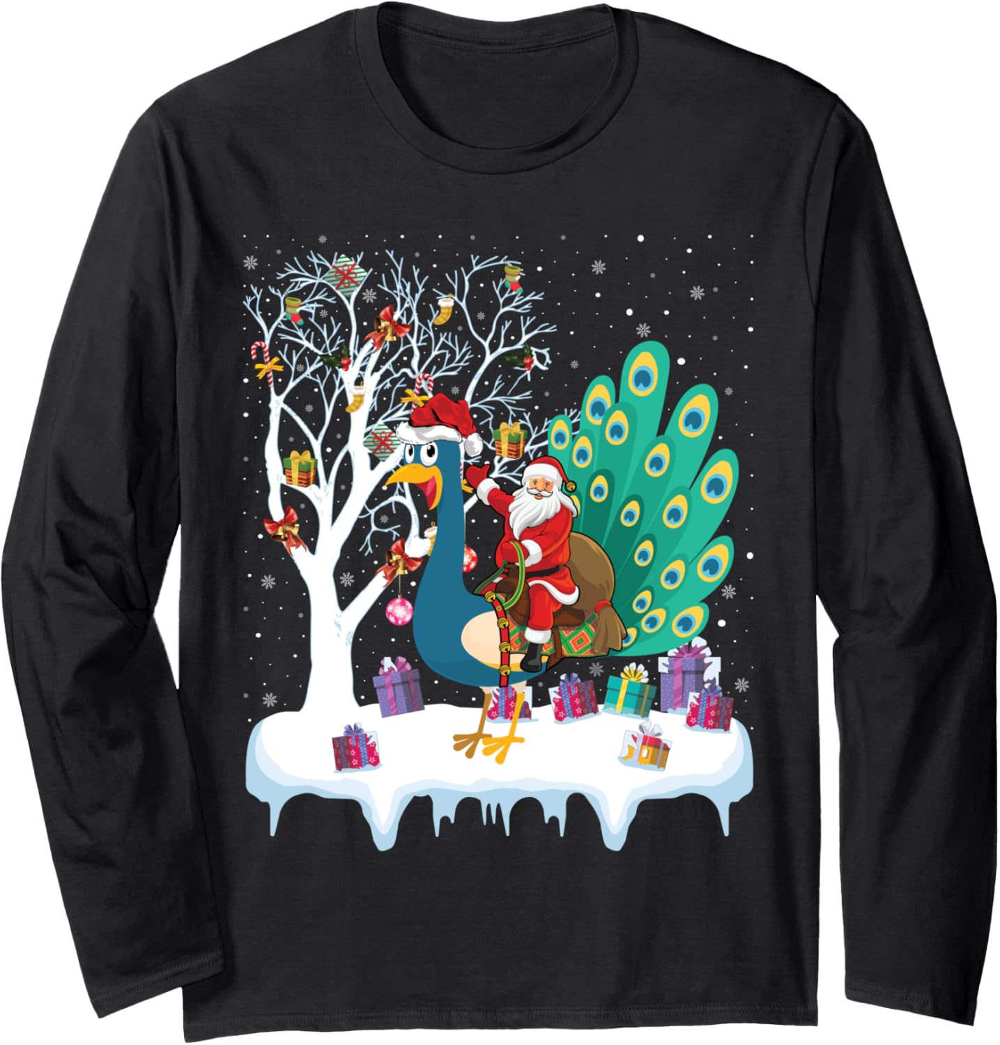 Peacock Bird Lover Xmas Gift Santa Riding Peacock Christmas Long Sleeve
