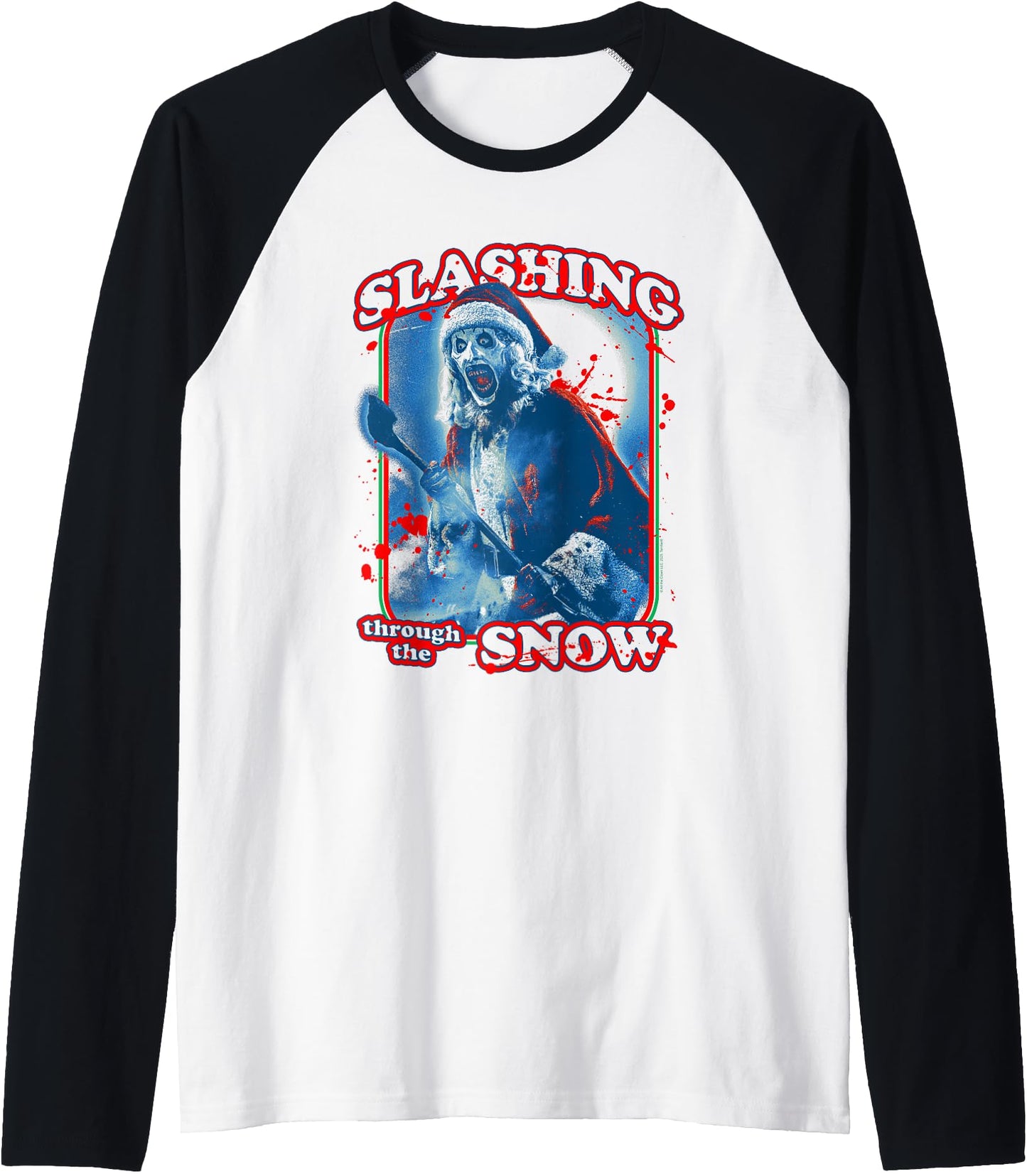 Terrifier Slashing Through The Snow Christmas Horror Movie Raglan Baseball Tee