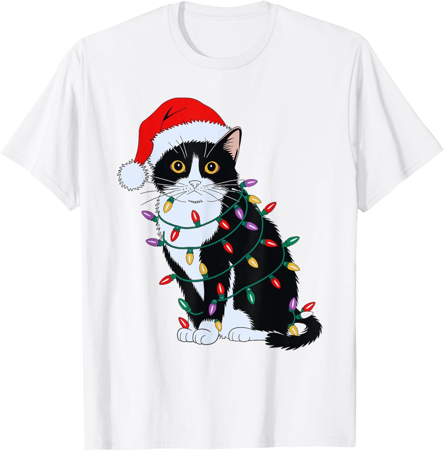Tuxedo Cat Wearing Santa Hat Christmas Tree Lights Cat Lover
