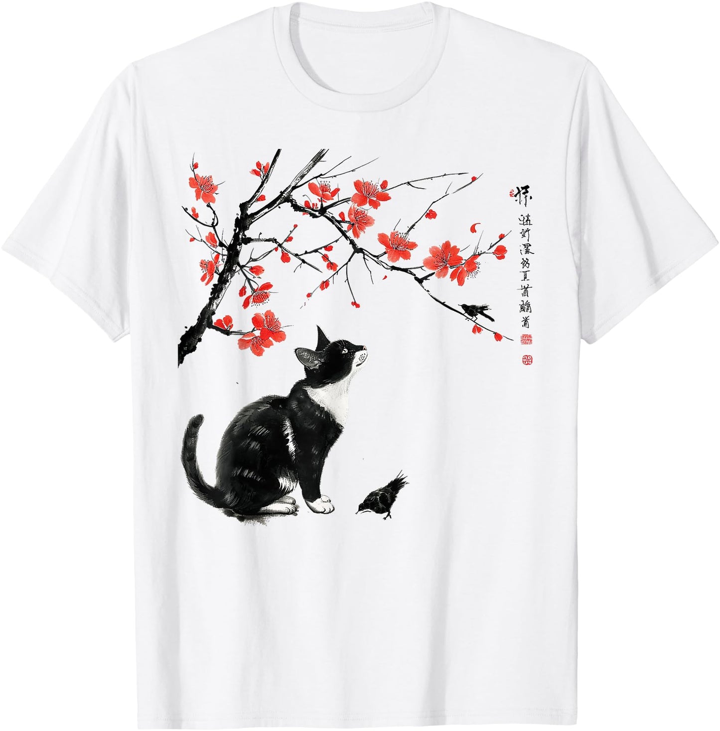 Japanese Nature art: Cat and bird with Cherry Blossom tree