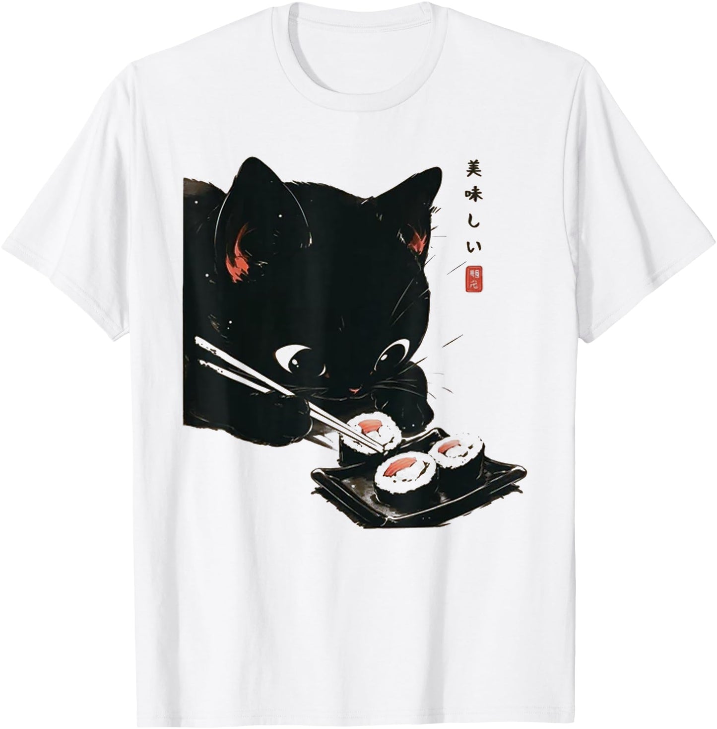 Black Cat Eating Sushi - Cat Japanese Art T-Shirt for Men Women