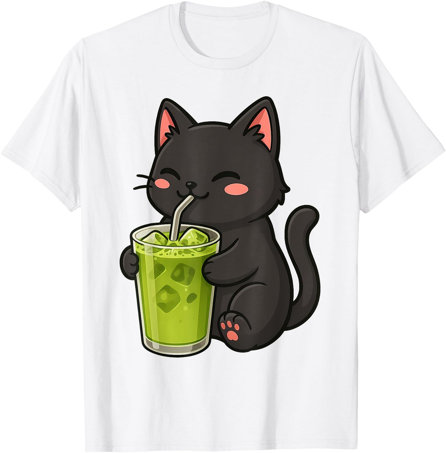 Cute Black Cat Drinking Matcha Kawaii Cat Graphic