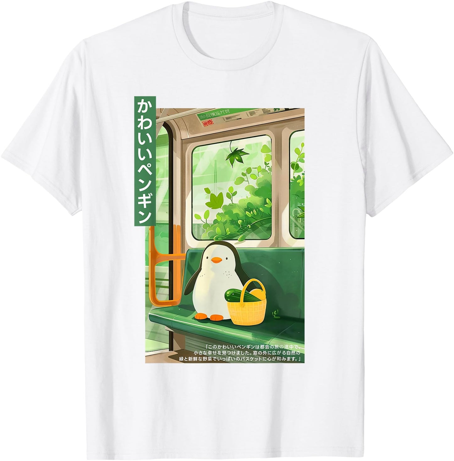 Cute Kawaii Penguin with Basket in Green Train Japanese