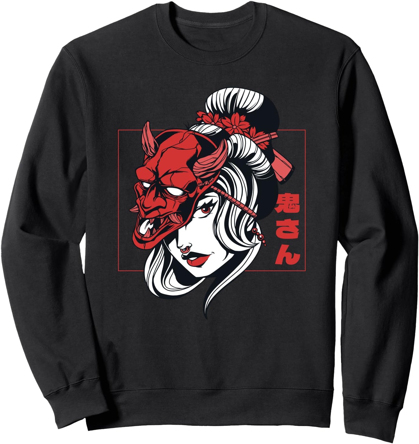 Japanese Women wearing Oni Mask Japanese Kanji art Sweatshirt