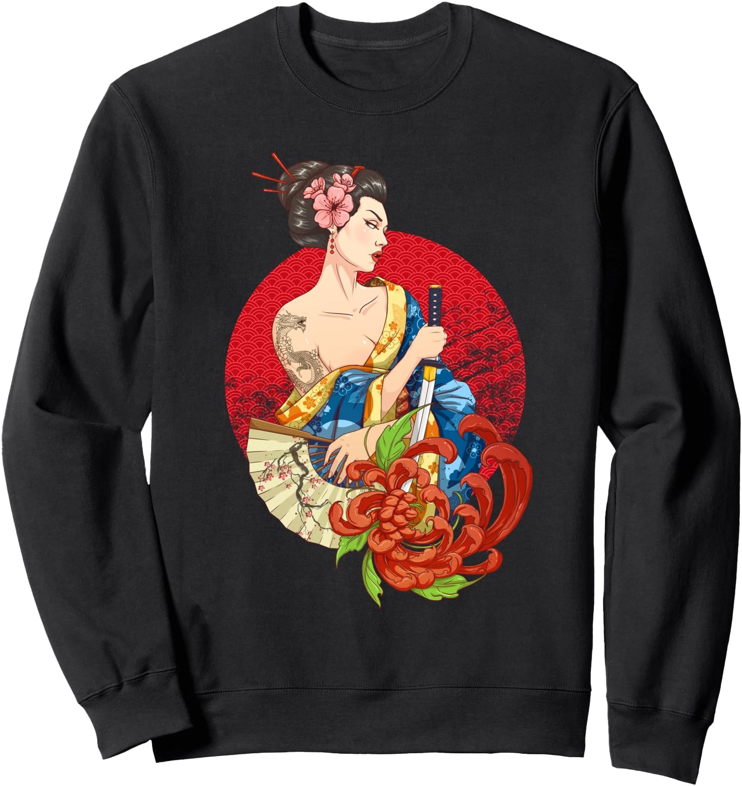 Geisha Girl Katana Sword and Tattoo of Dragon Japanese Sweatshirt