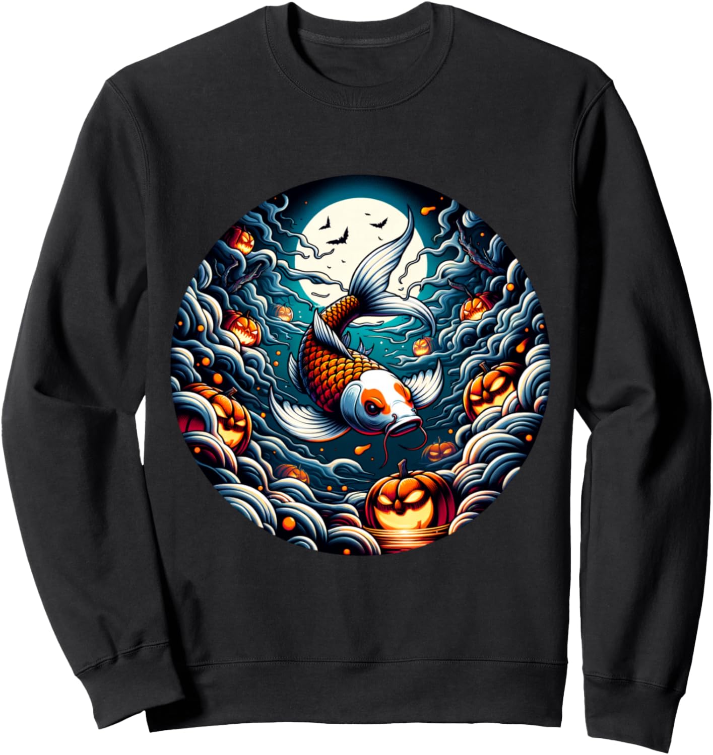 Cute Anime Koi Fish Haunted by Halloween Spirits in Moonlit Sweatshirt