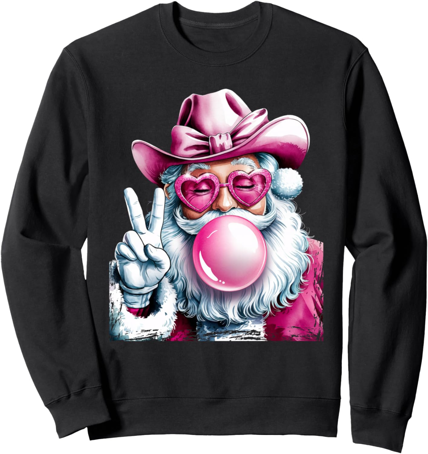 Santa Blowing Bubble Gum Cowboy Christmas Pink Sunglasses Sweatshirt