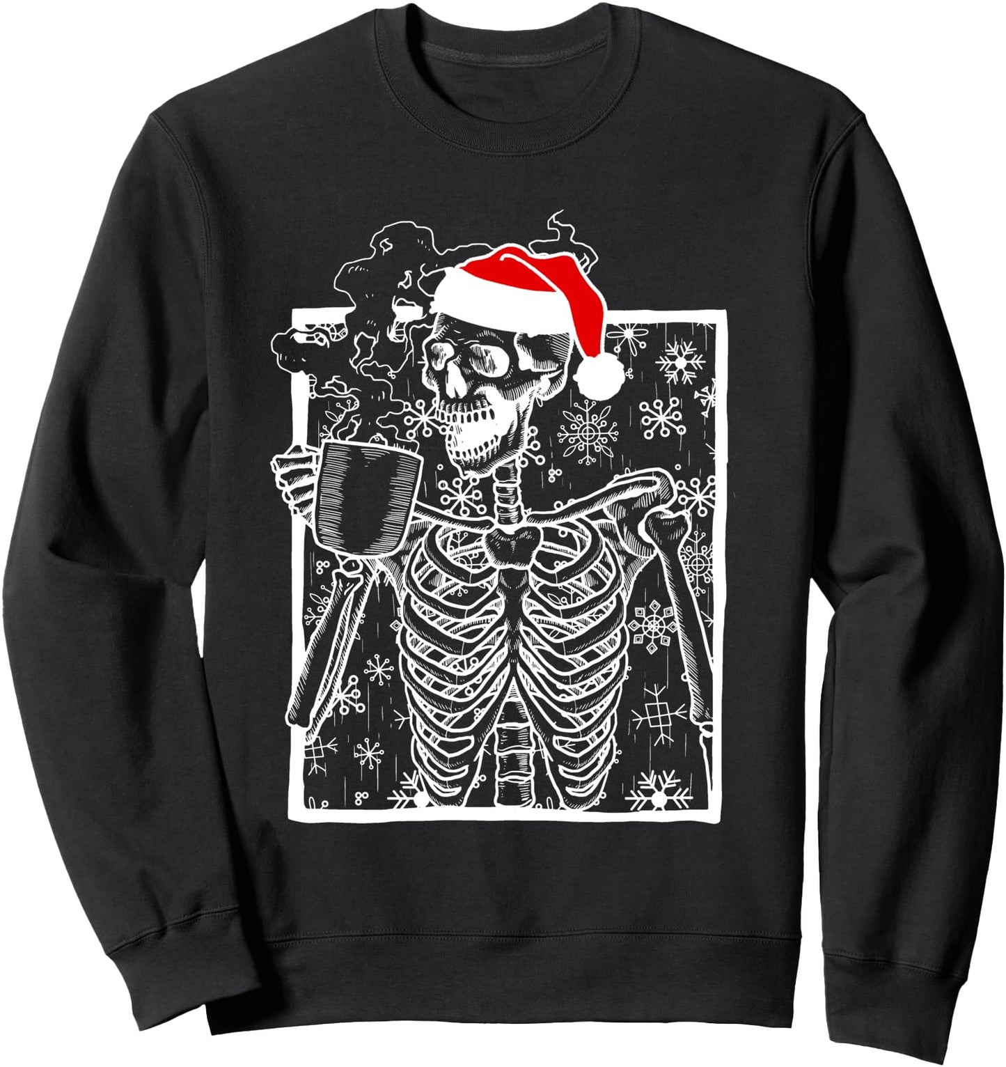 Christmas Skeleton with Smiling Skull drinking Coffee Sweatshirt