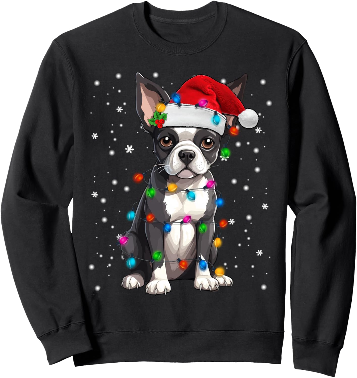 Boston Terrier Christmas Santa Hat Tree Lights Pajama Sweatshirt