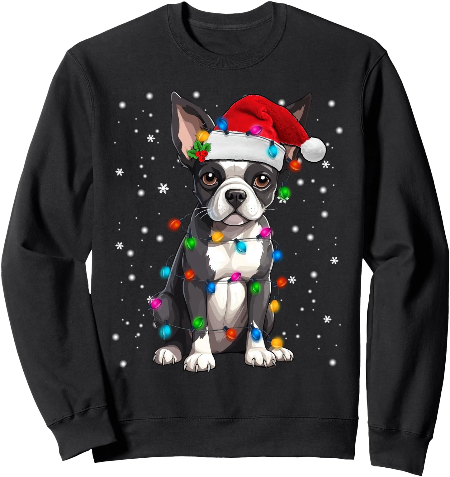 Boston Terrier Christmas Santa Hat Tree Lights Pajama Sweatshirt
