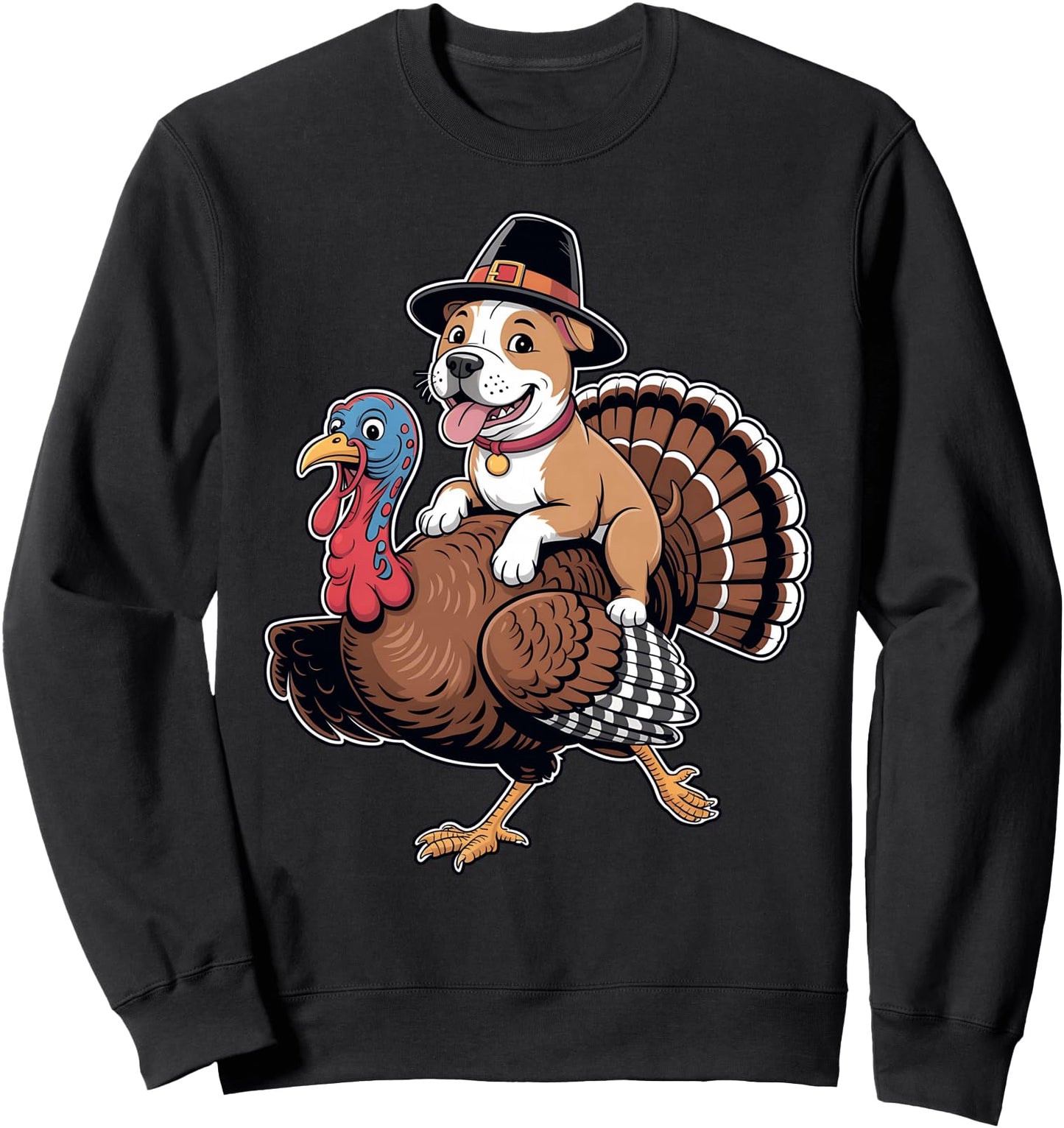 Pilgrim Pitbull Dog Riding Turkey Women Men Thanksgiving Sweatshirt