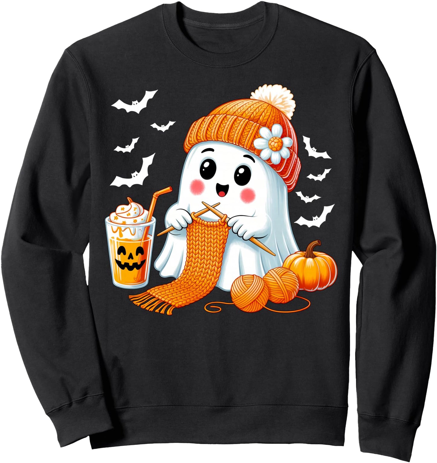 Ghost Crochet Crocheting Knitting Coffee Women Halloween Sweatshirt