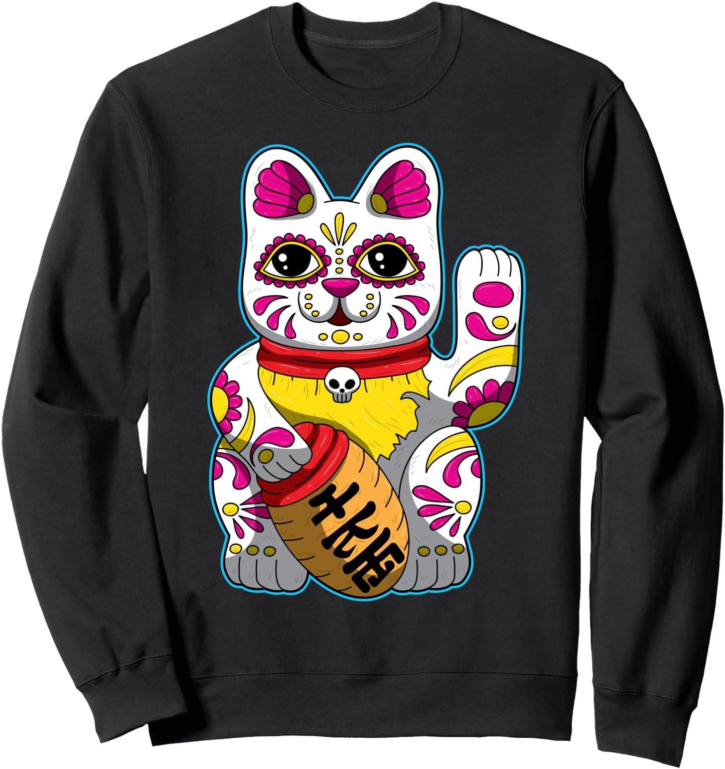 Lucky Cat Maneki Neko, Cute Japanese Kitten Sugar Skull Sweatshirt