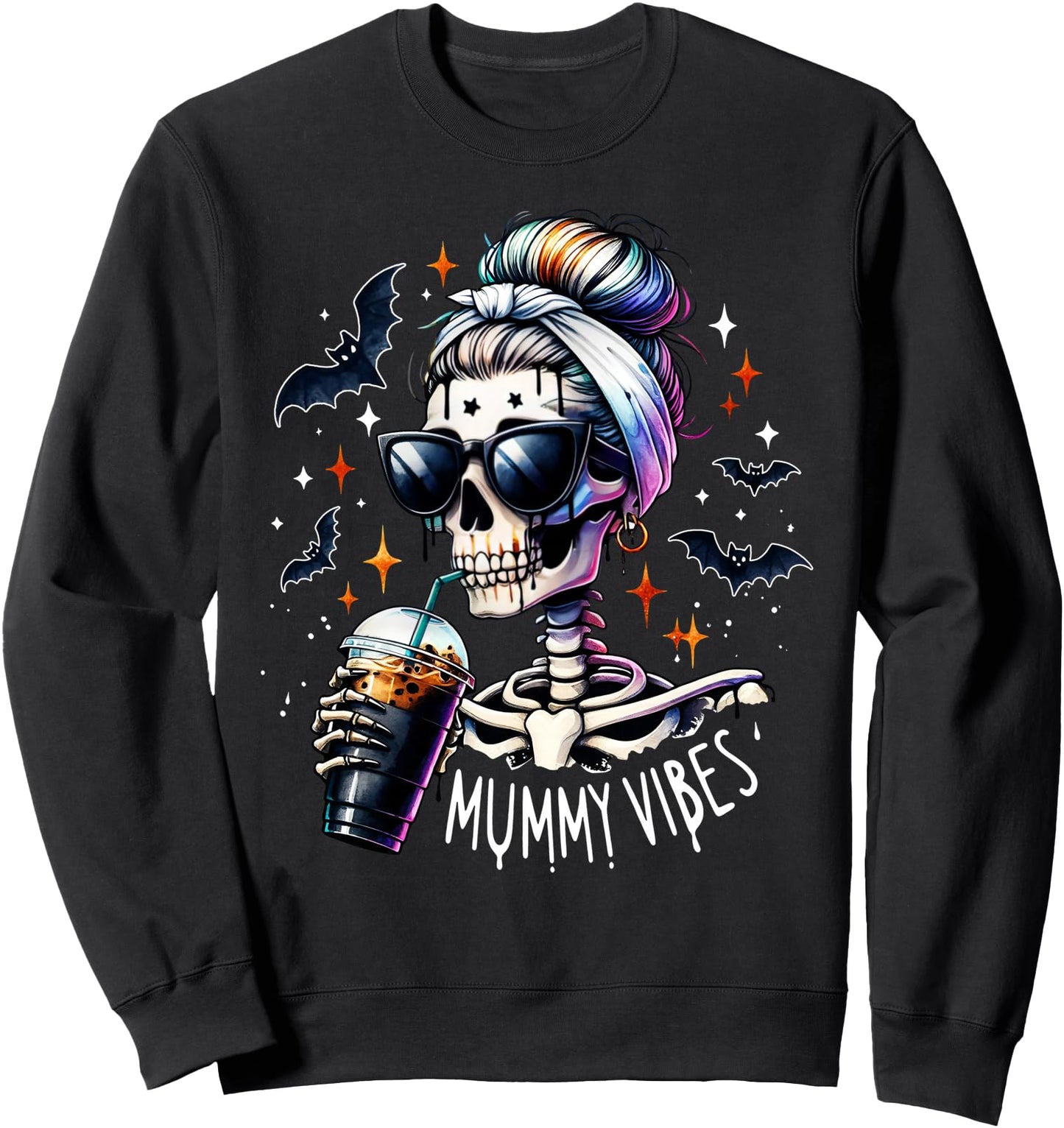 Mummy Vibes Skeleton Coffee Mom Spooky Season Halloween Sweatshirt