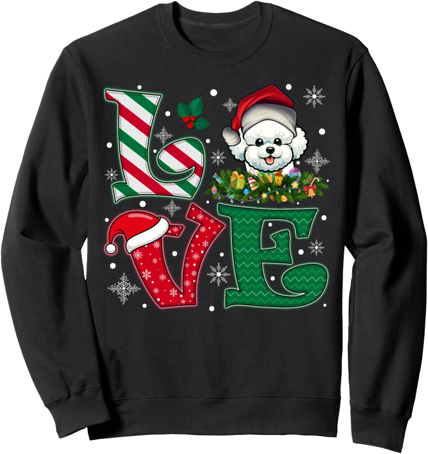 Santa Hat Love Bichon Frise Dog Xmas Men Women Girls Sweatshirt