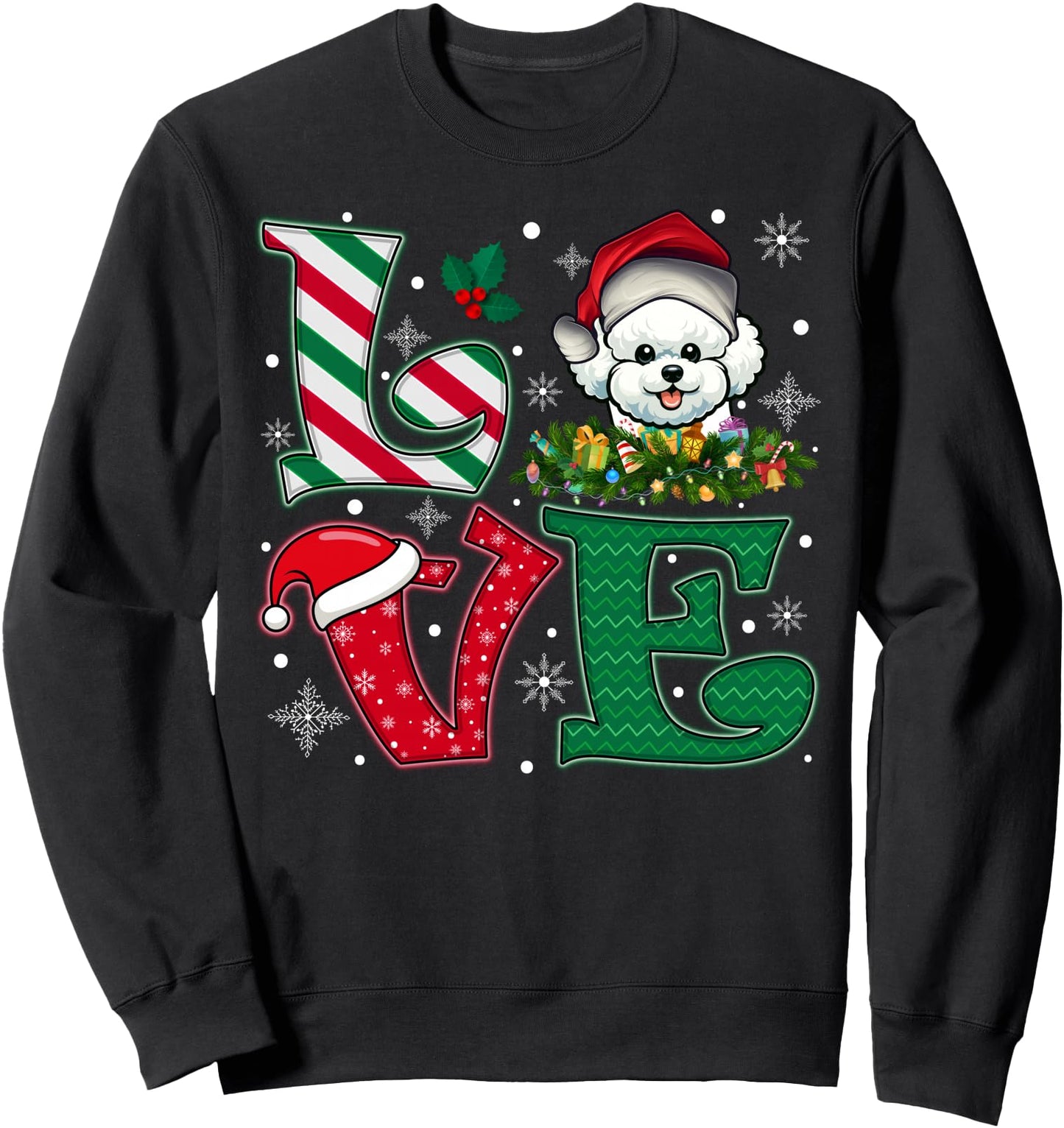 Santa Hat Love Bichon Frise Dog Xmas Men Women Girls Sweatshirt