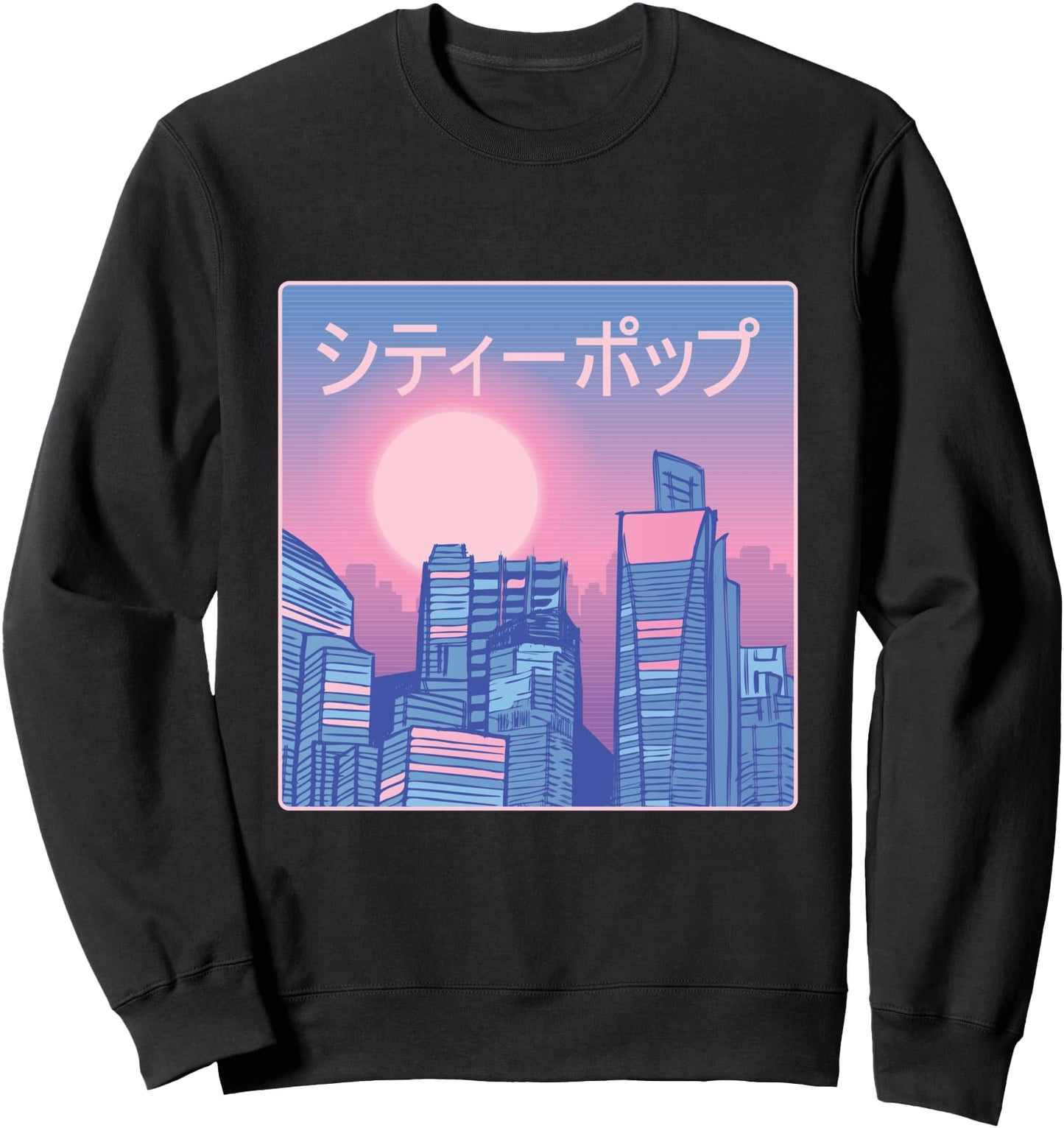 City Skyline With Sunset Japanese Characters Vaporwave Art Sweatshirt