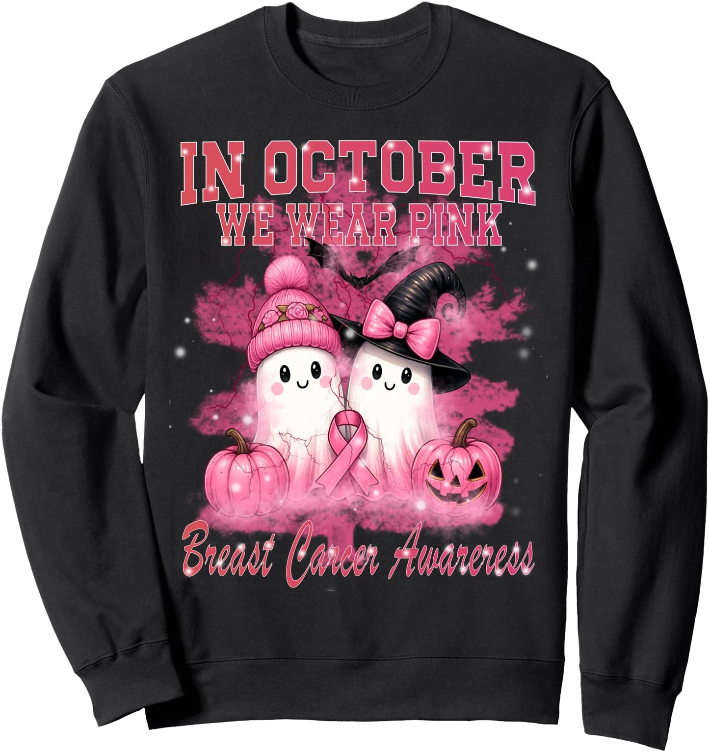 In October We Wear Pink Ghost Witch Breast Cancer Awareness Sweatshirt