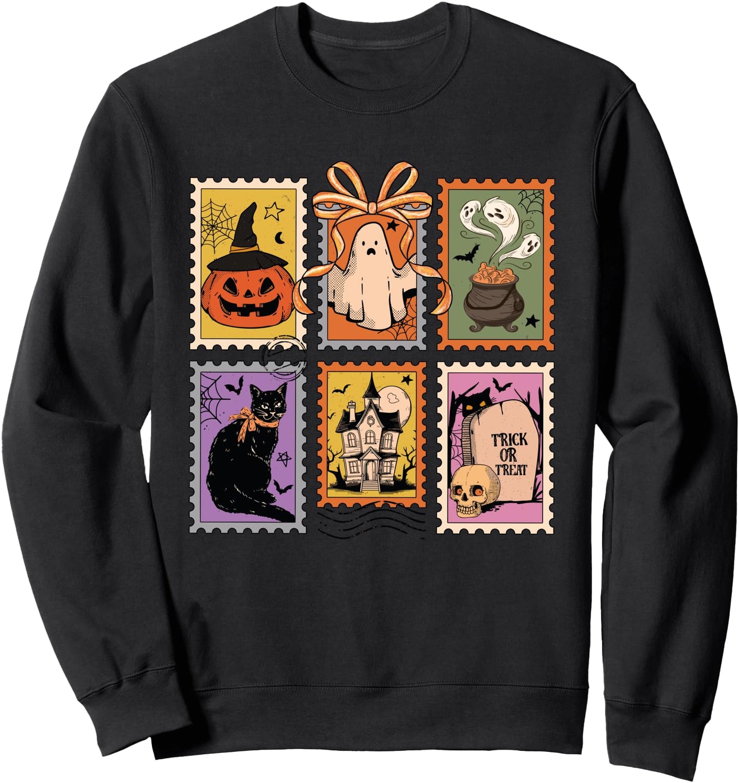 Vintage Halloween Stamp Icons Cute Retro Ghost Pumpkin Cat Sweatshirt