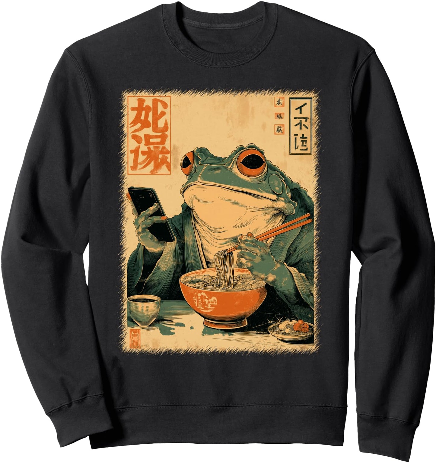 Funny Grumpy Frog Eat Ramen and Scroll Phone Japanese Art Sweatshirt