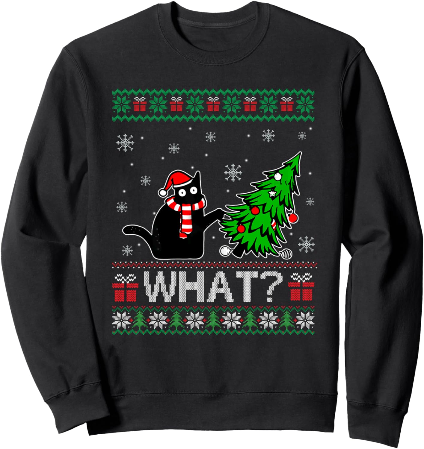 Cat What Funny Black Cat Pushing Christmas Tree Ugly Xmas Sweatshirt